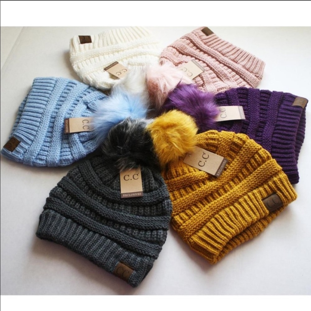 C.C Knit Ribbed Pom Pom Beanie Assorted Colors